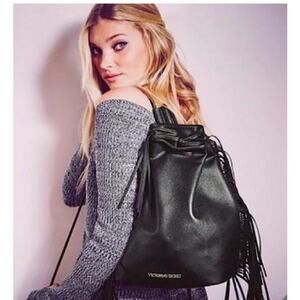 Victoria Secret Backpack Black Drawstring Bucket Bag Fringe Purse $85 MSRP NWT